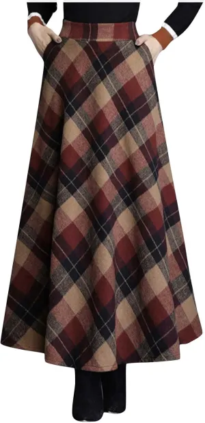 Women's Plaid Skirt Warm Elastic High Waist Wool A-Line Pleated Tartan Winter Long Skirts Casual Flared Midi Skirts