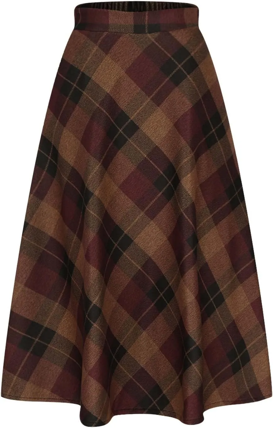 Women's Plaid Skirt Warm Elastic High Waist Wool A-Line Pleated Tartan Winter Long Skirts Casual Flared Midi Skirts