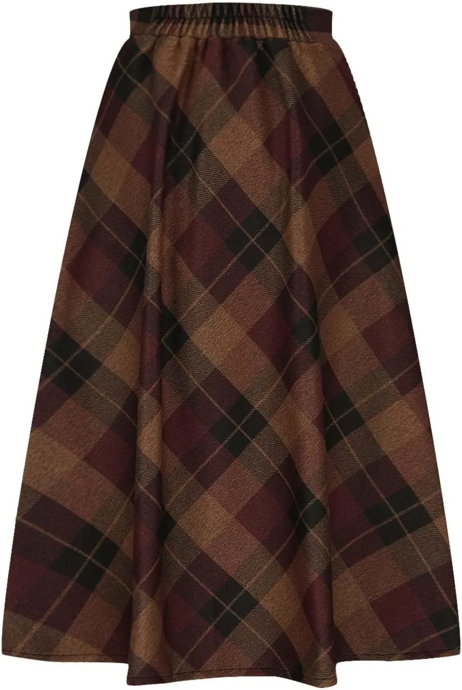 Women's Plaid Skirt Warm Elastic High Waist Wool A-Line Pleated Tartan Winter Long Skirts Casual Flared Midi Skirts