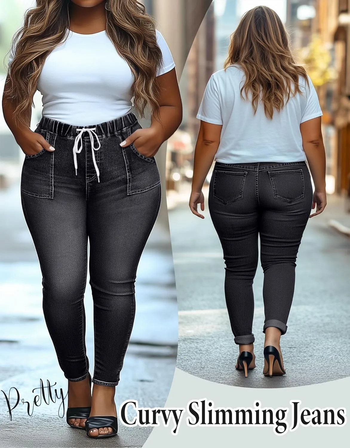 Women's Plus Size Jeans Drawstring High Waisted Elastic Jeggings Cotton Classic Stretchy Denim Pants