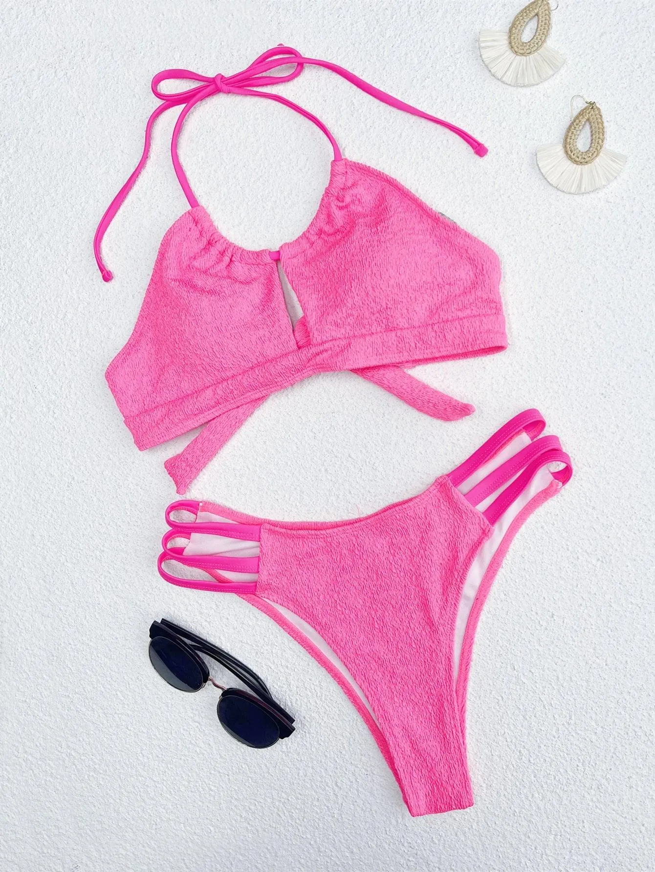 Women's Rose Red Jacquard Bikini Set - Sexy Swimwear for Swimming & Beach