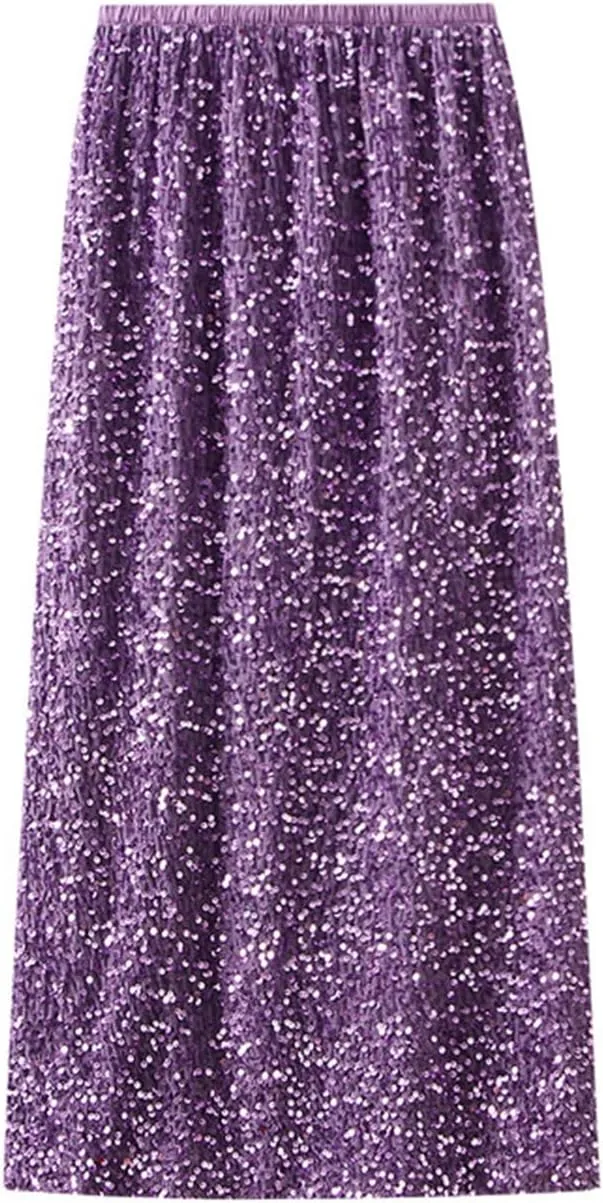 Womens Sequin Skirt Elastic High Waist Sparkle Long Bodycon Skirt with Slit Evening Cocktail Party Maxi Skirt