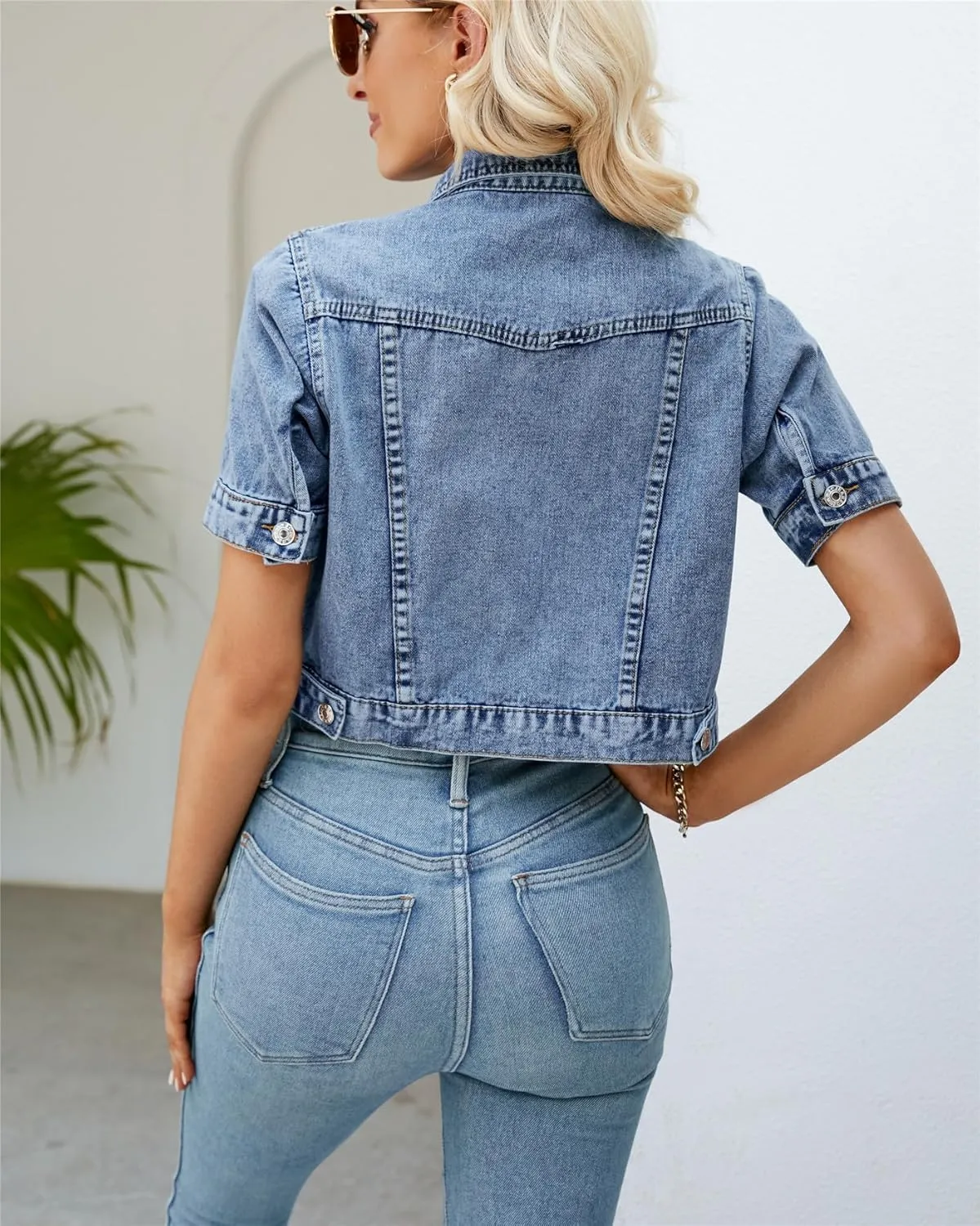 Womens Short Sleeve Denim Jacket Lapel Button Down Cropped Trucker Jean Jackets Coats