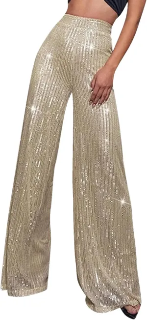 Women's Solid Color High Waist Sequin Drape Wide Leg Pants Casual Party Night Out Pants