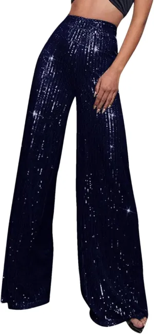 Women's Solid Color High Waist Sequin Drape Wide Leg Pants Casual Party Night Out Pants