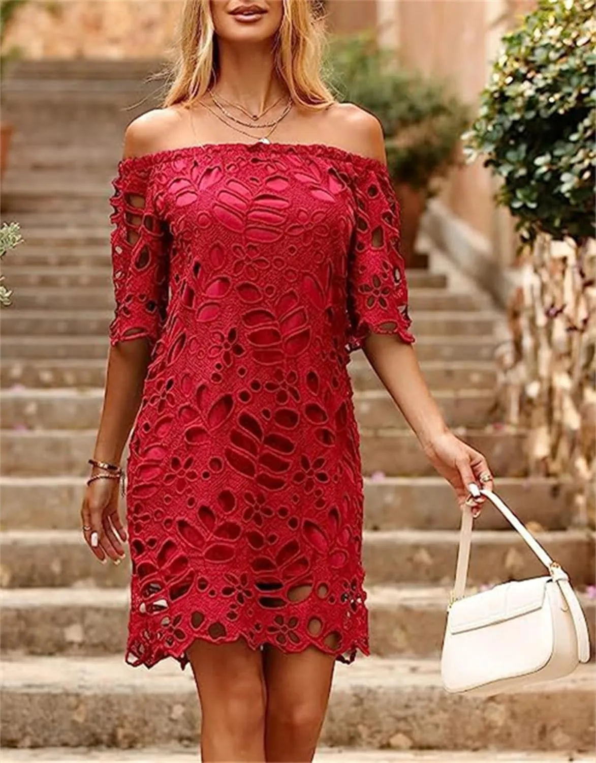 Women's Summer Dresses, Elegant Off Shoulder Floral Lace Hollow 1/2 Sleeve Ruffle Mini Dress