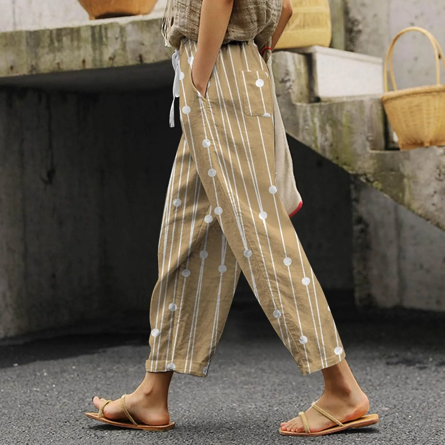 Womens Summer Linen Pants Casual Baggy Pants with Pockets Summer Comfy Wide Leg Trousers Boho Lounge Palazzo Pant