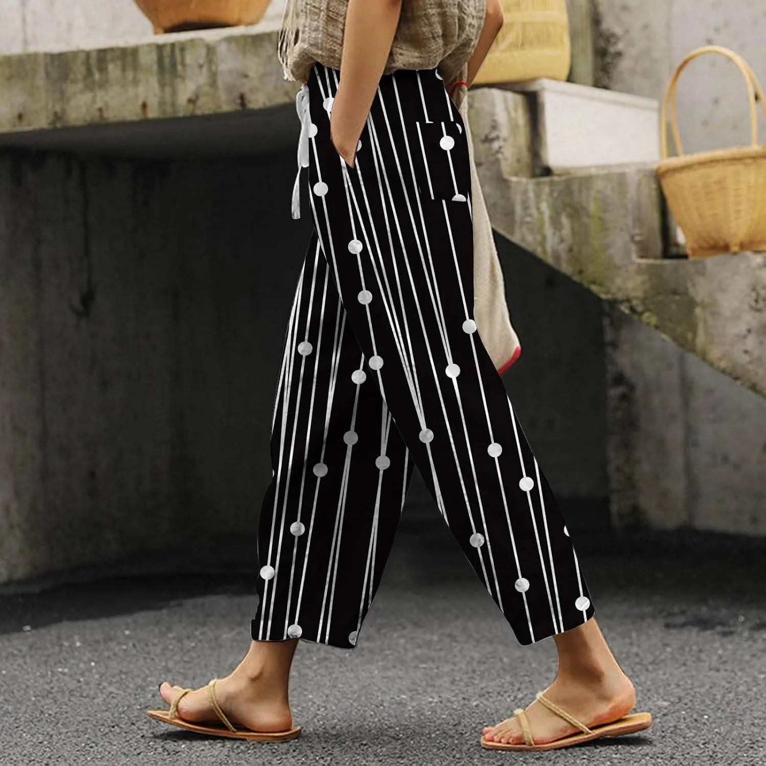 Womens Summer Linen Pants Casual Baggy Pants with Pockets Summer Comfy Wide Leg Trousers Boho Lounge Palazzo Pant