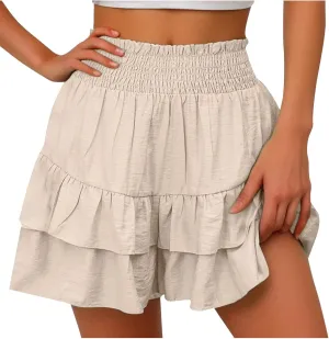Womens Summer Shorts Ruffle Layered Skirt Elastic High Waisted Shorts Flared Pleated Hem Pants Fashion Outfits