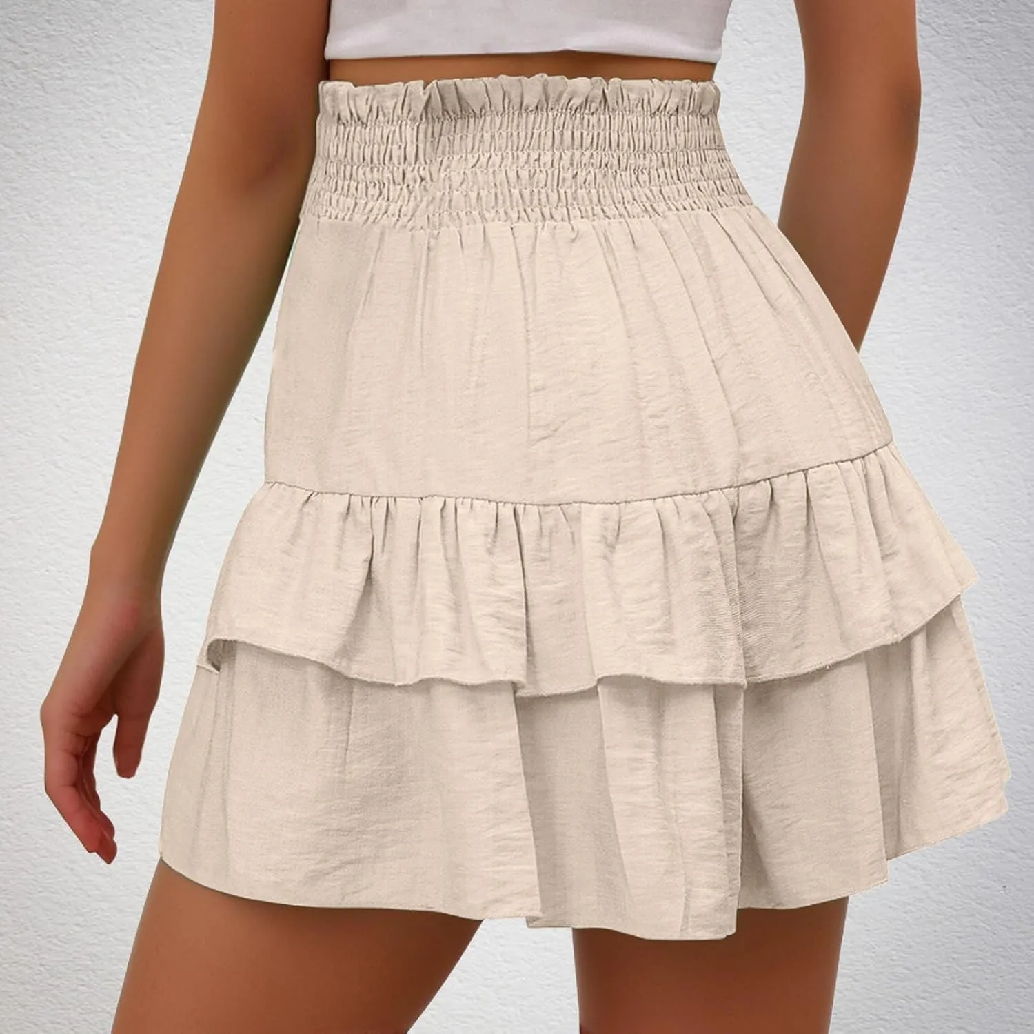 Womens Summer Shorts Ruffle Layered Skirt Elastic High Waisted Shorts Flared Pleated Hem Pants Fashion Outfits