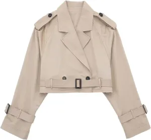 Women's Trench Coats Cropped Long Sleeve Classic Lapel Double Breasted Jacket Coat Outwear with Belt