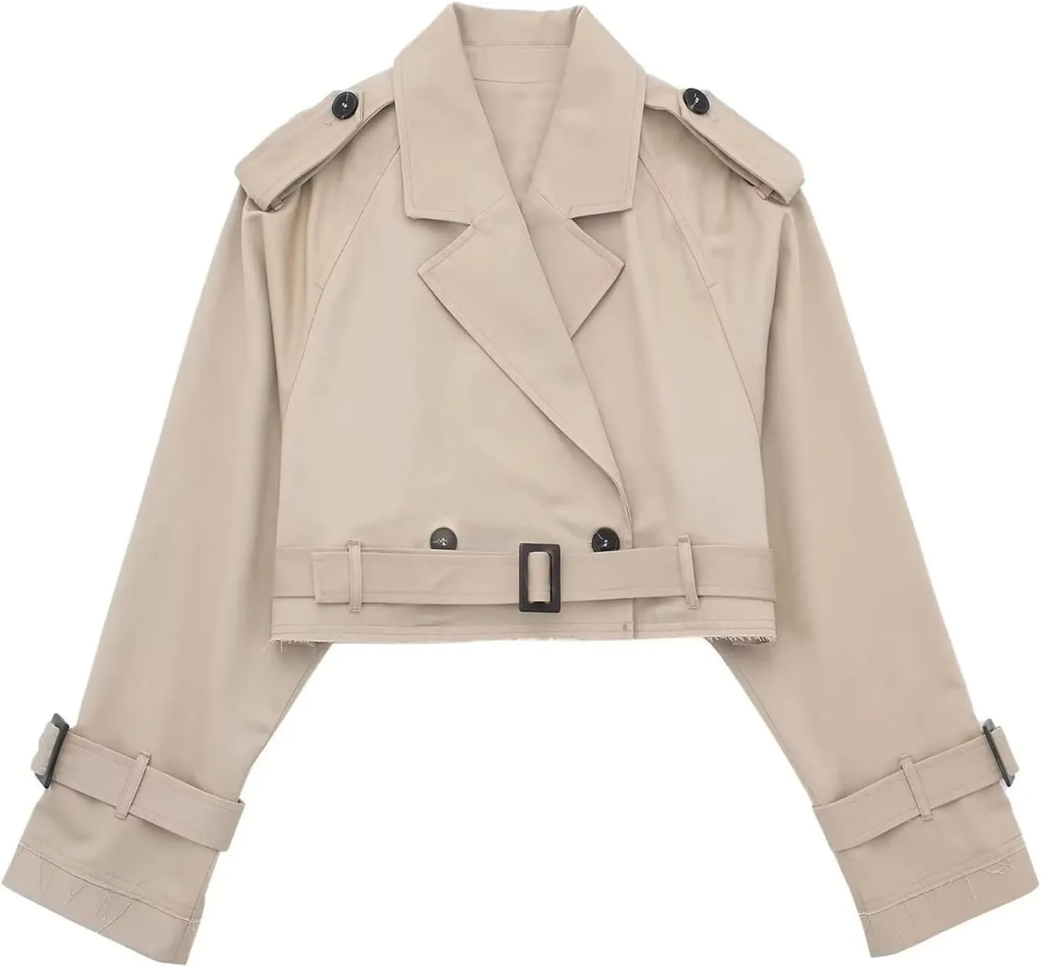 Women's Trench Coats Cropped Long Sleeve Classic Lapel Double Breasted Jacket Coat Outwear with Belt