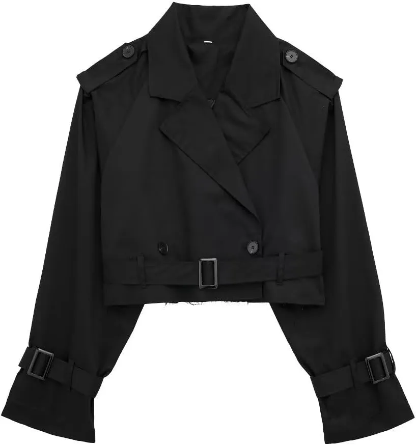 Women's Trench Coats Cropped Long Sleeve Classic Lapel Double Breasted Jacket Coat Outwear with Belt