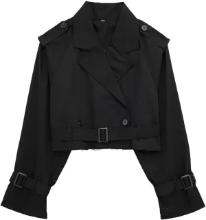 Women's Trench Coats Cropped Long Sleeve Classic Lapel Double Breasted Jacket Coat Outwear with Belt