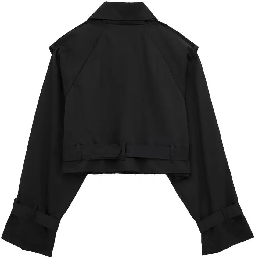 Women's Trench Coats Cropped Long Sleeve Classic Lapel Double Breasted Jacket Coat Outwear with Belt