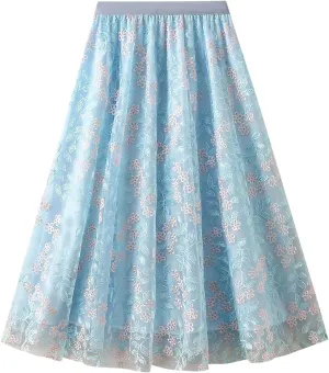Women's Tulle Midi Skirt Elastic High Waist Layered Pleated Mesh Flowy A-Line Prom Party Long Tutu Skirts