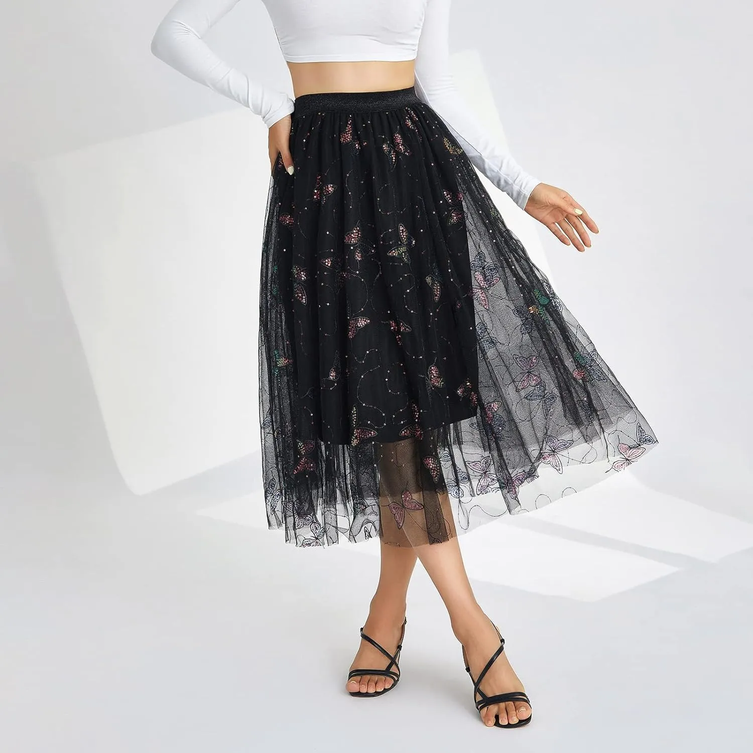 Women's Tulle Midi Skirt Elastic High Waist Layered Pleated Mesh Flowy A-Line Prom Party Long Tutu Skirts