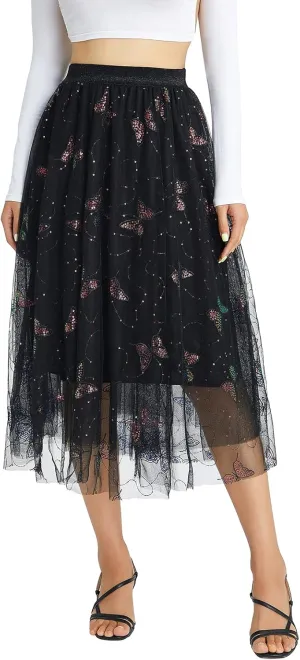 Women's Tulle Midi Skirt Elastic High Waist Layered Pleated Mesh Flowy A-Line Prom Party Long Tutu Skirts