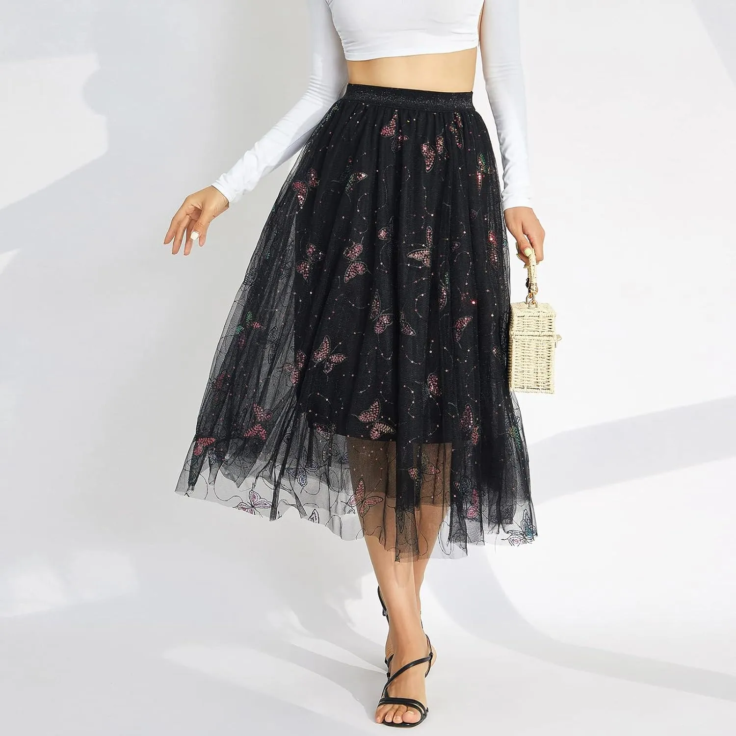 Women's Tulle Midi Skirt Elastic High Waist Layered Pleated Mesh Flowy A-Line Prom Party Long Tutu Skirts