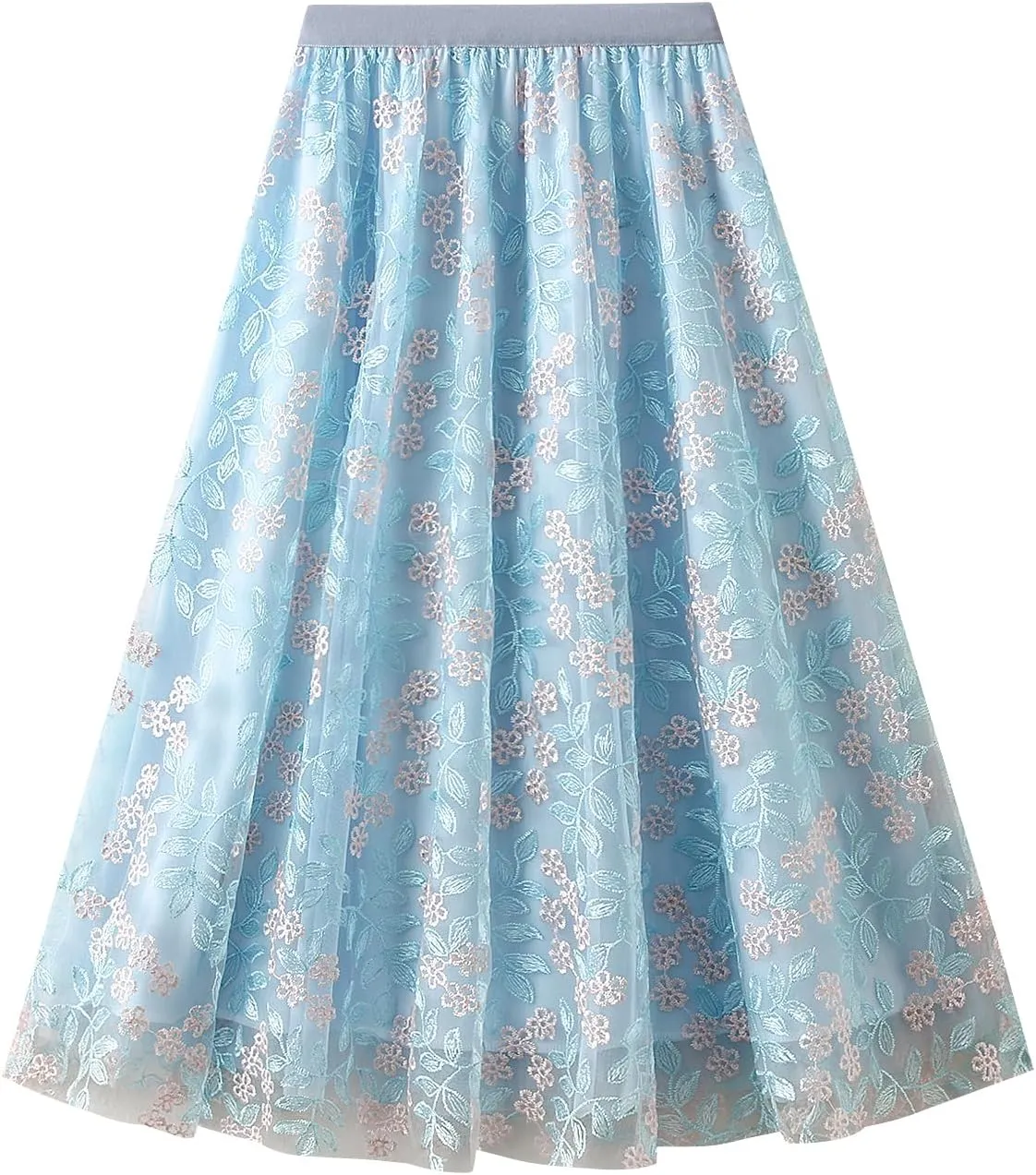 Women's Tulle Midi Skirt Elastic High Waist Layered Pleated Mesh Flowy A-Line Prom Party Long Tutu Skirts