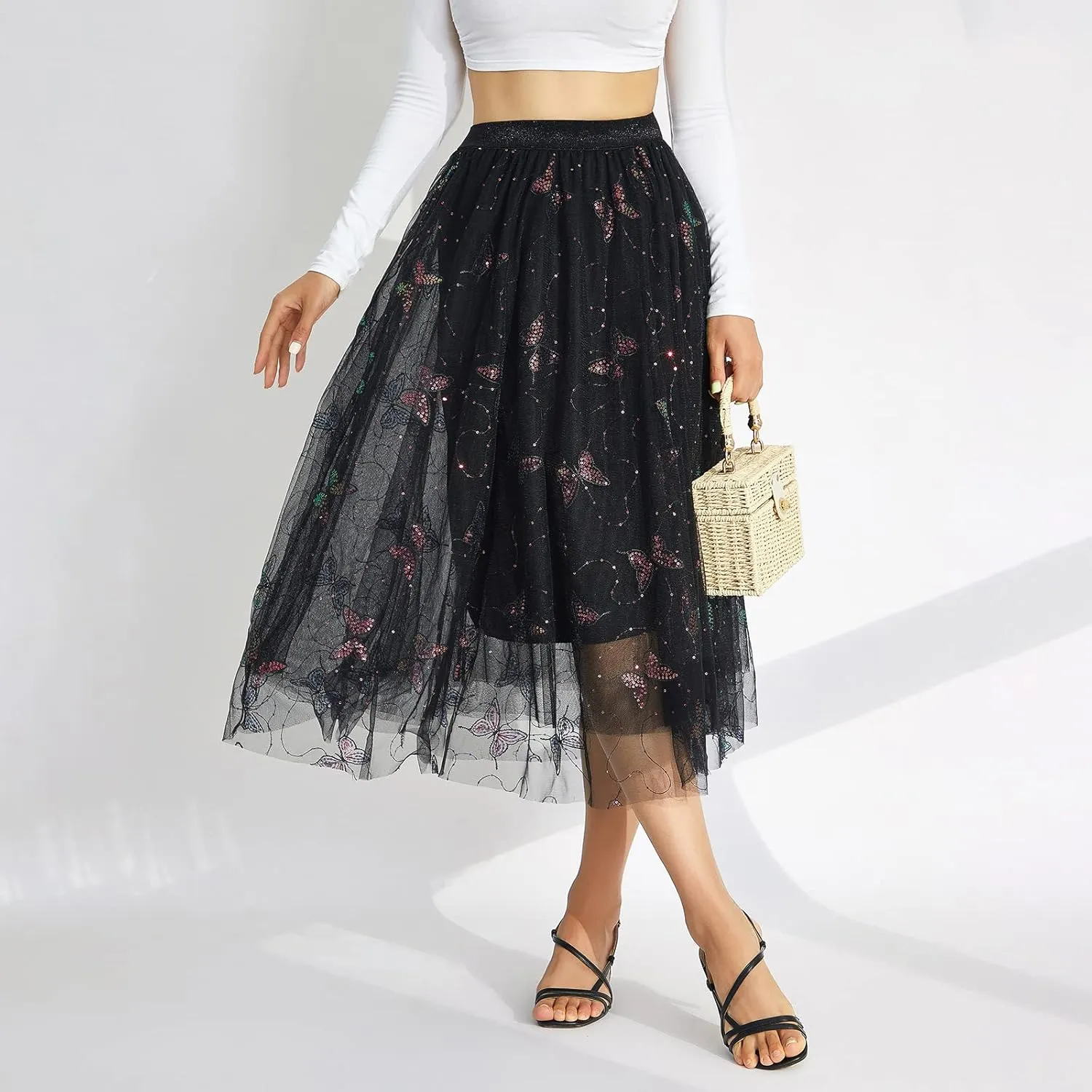 Women's Tulle Midi Skirt Elastic High Waist Layered Pleated Mesh Flowy A-Line Prom Party Long Tutu Skirts