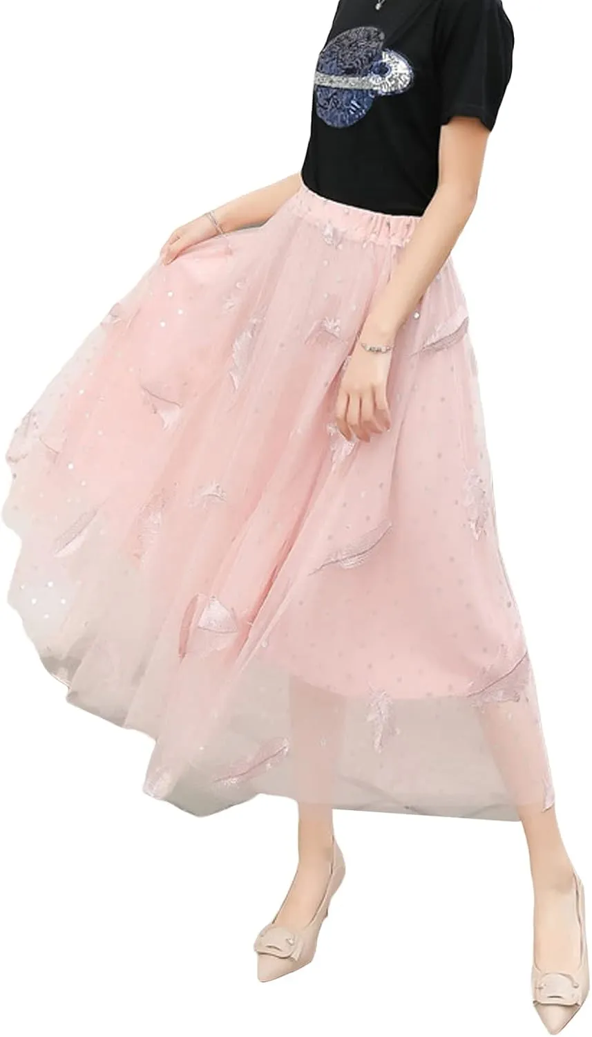 Women's Tulle Midi Skirt Elastic High Waist Layered Pleated Mesh Flowy A-Line Prom Party Long Tutu Skirts