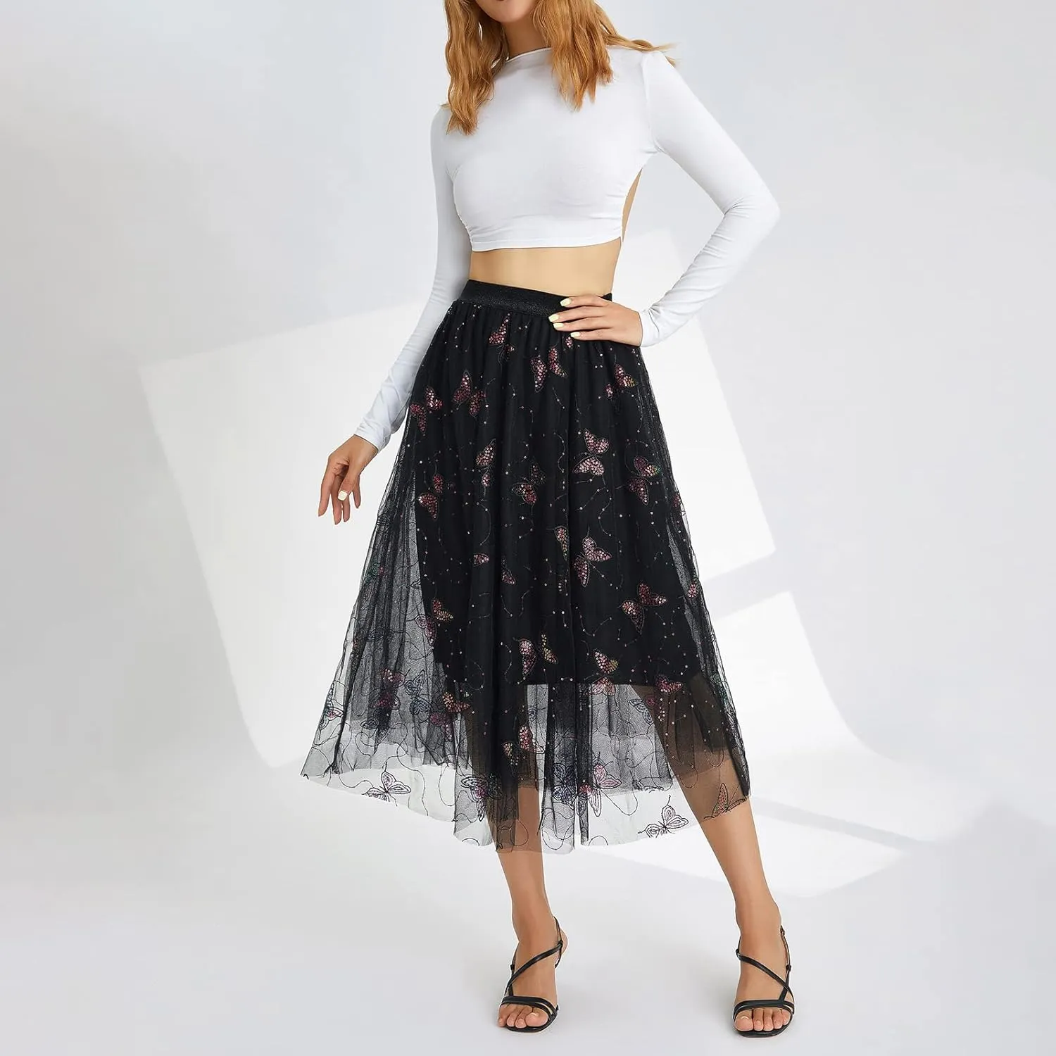 Women's Tulle Midi Skirt Elastic High Waist Layered Pleated Mesh Flowy A-Line Prom Party Long Tutu Skirts