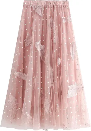 Women's Tulle Midi Skirt Elastic High Waist Layered Pleated Mesh Flowy A-Line Prom Party Long Tutu Skirts