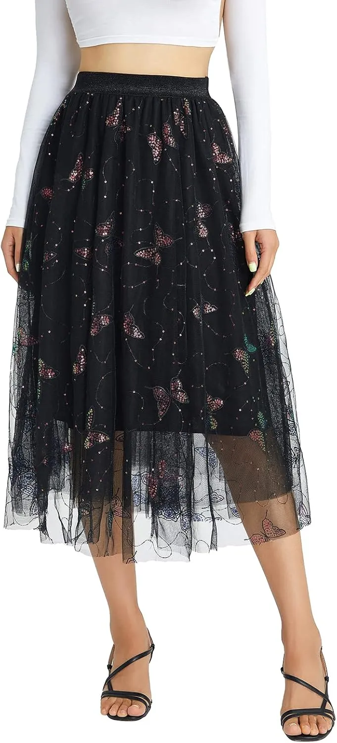 Women's Tulle Midi Skirt Elastic High Waist Layered Pleated Mesh Flowy A-Line Prom Party Long Tutu Skirts