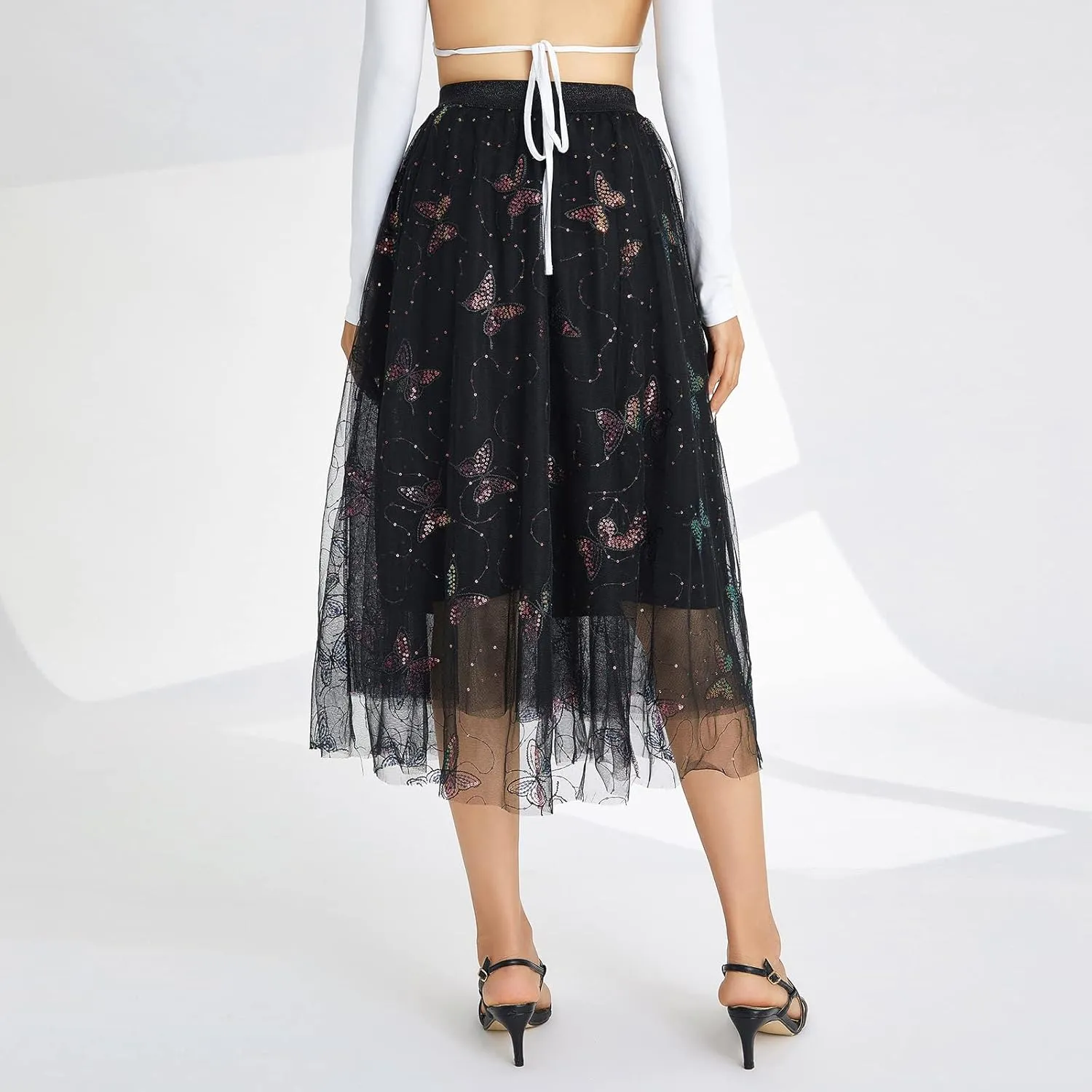 Women's Tulle Midi Skirt Elastic High Waist Layered Pleated Mesh Flowy A-Line Prom Party Long Tutu Skirts