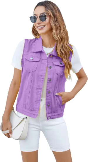 Women's Vests Denim Jacket Sleeveless Slim Fit Distressed Crop Coats with Pockets