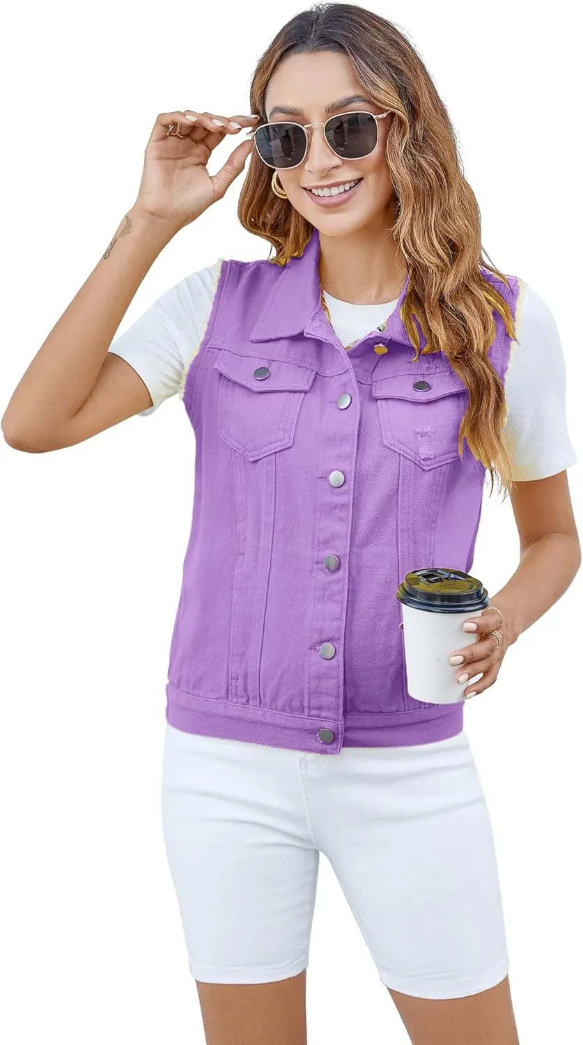 Women's Vests Denim Jacket Sleeveless Slim Fit Distressed Crop Coats with Pockets