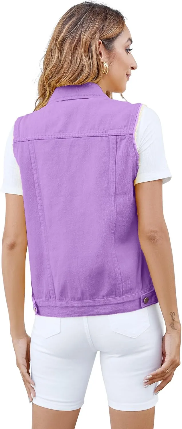 Women's Vests Denim Jacket Sleeveless Slim Fit Distressed Crop Coats with Pockets