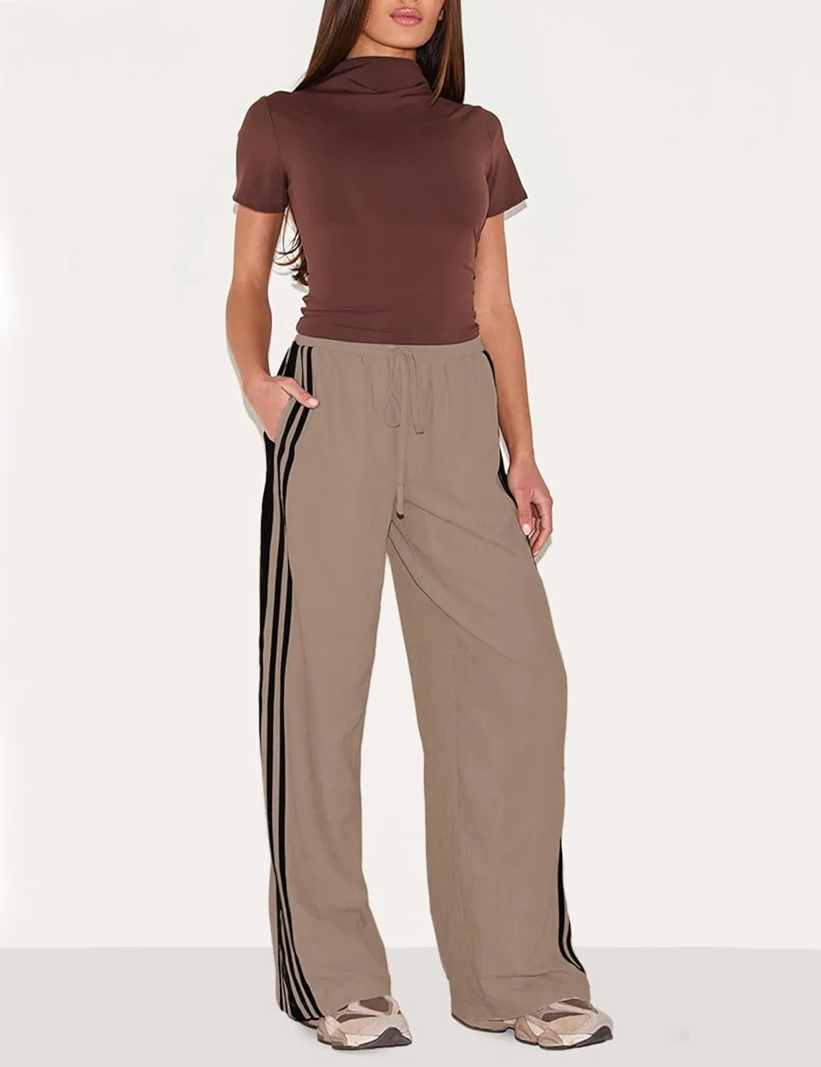 Women's Wide Leg Pants Side Striped Drawstring Palazzo Pants with Pockets