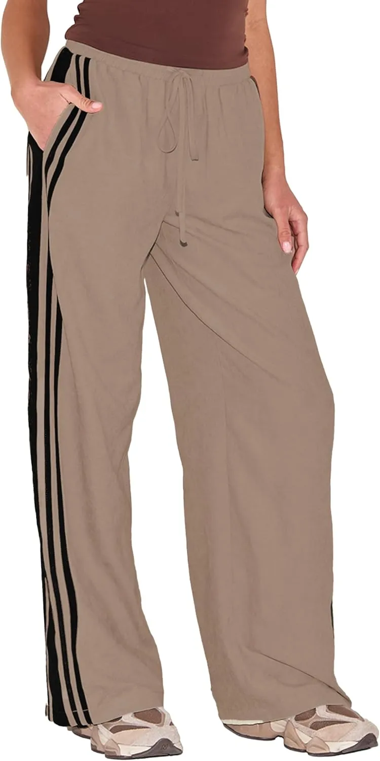 Women's Wide Leg Pants Side Striped Drawstring Palazzo Pants with Pockets