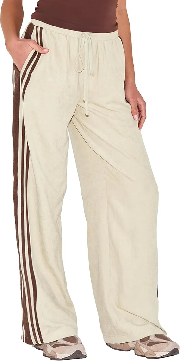 Women's Wide Leg Pants Side Striped Drawstring Palazzo Pants with Pockets