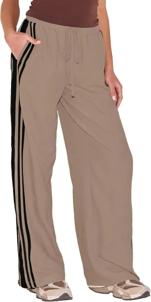 Women's Wide Leg Pants Side Striped Drawstring Palazzo Pants with Pockets