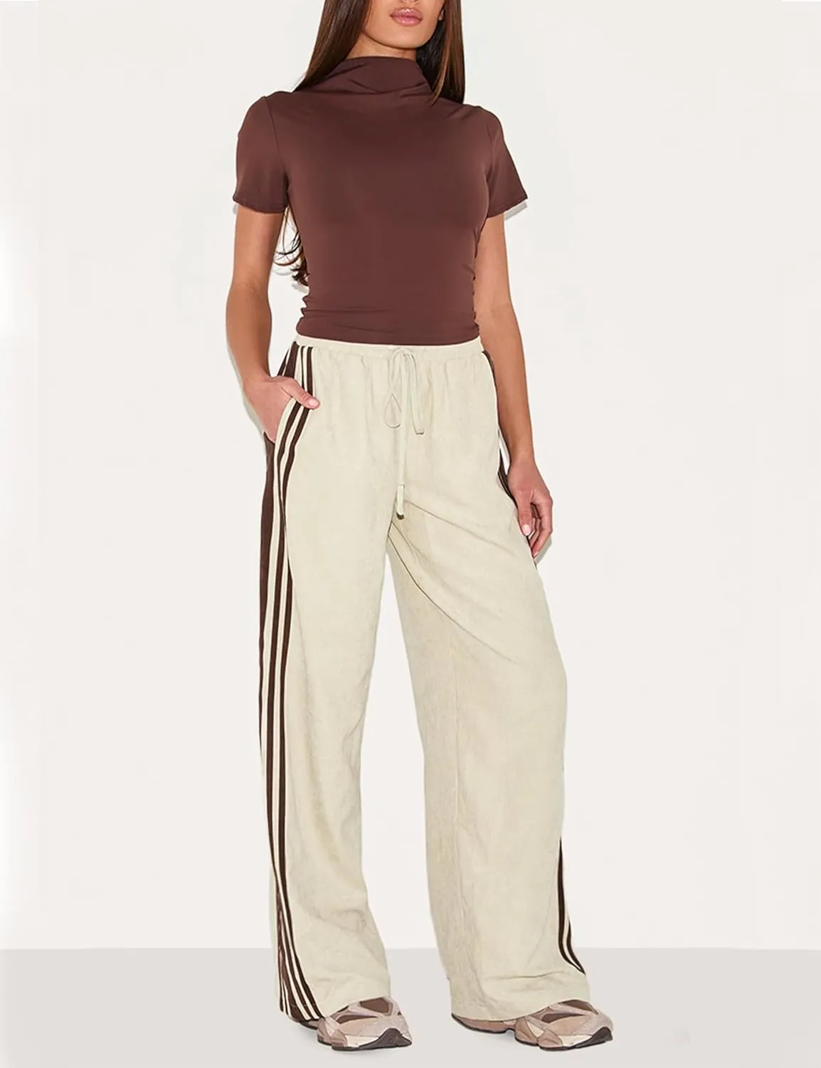 Women's Wide Leg Pants Side Striped Drawstring Palazzo Pants with Pockets