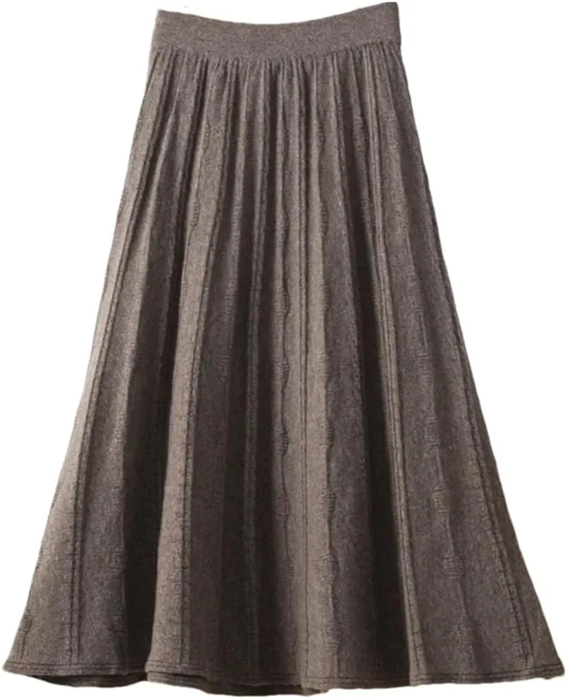 Women's Wool Pleated Skirt Stretch High Waist Casual Solid Color Loose Office Midi Skirts
