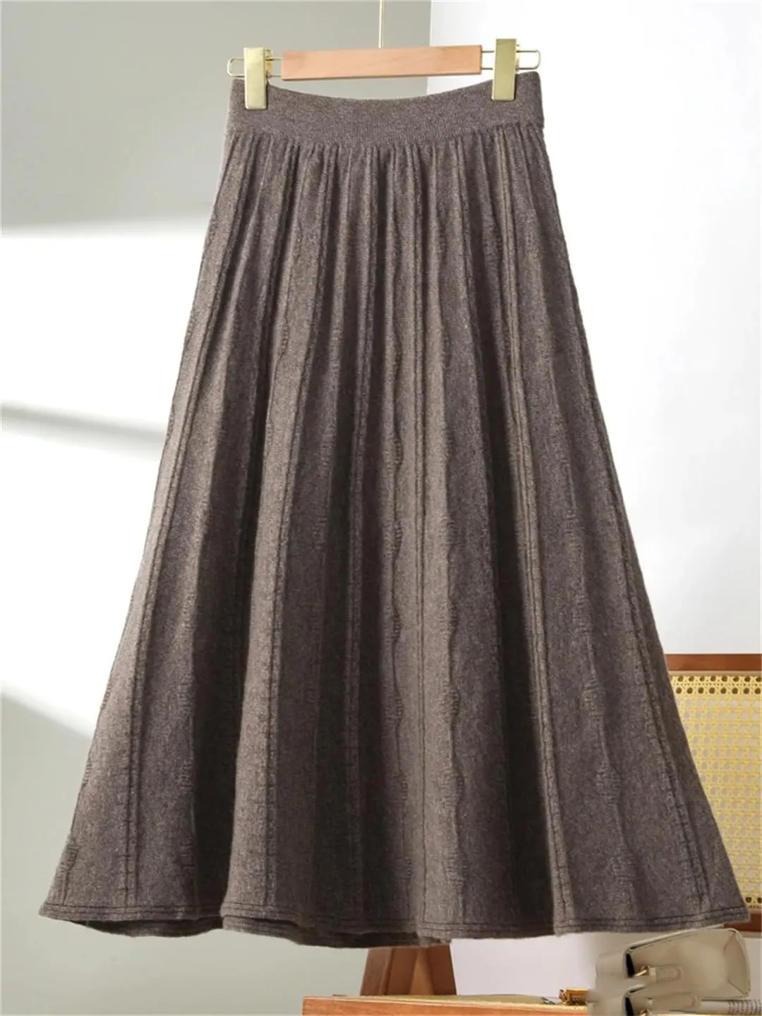 Women's Wool Pleated Skirt Stretch High Waist Casual Solid Color Loose Office Midi Skirts