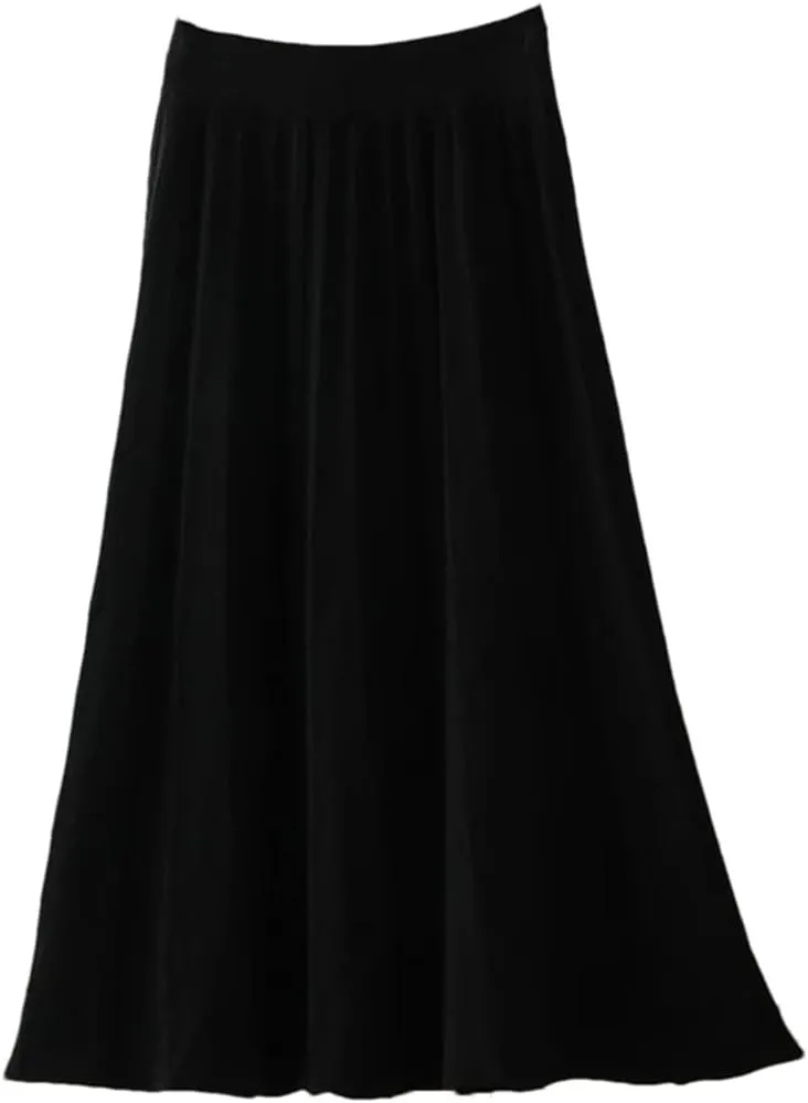 Women's Wool Pleated Skirt Stretch High Waist Casual Solid Color Loose Office Midi Skirts