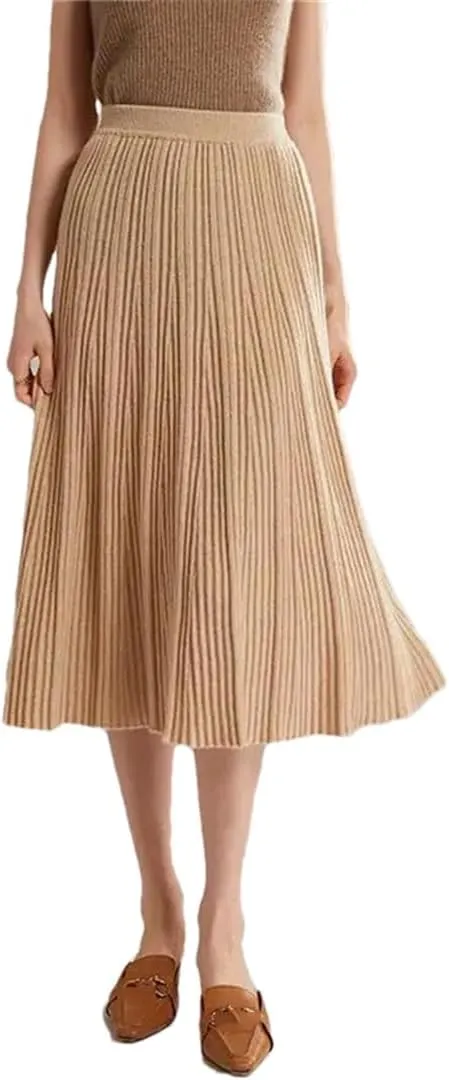 Women's Wool Skirt Stretch High Waist Pleated A Line Solid Color Business Casual Midi Skirts