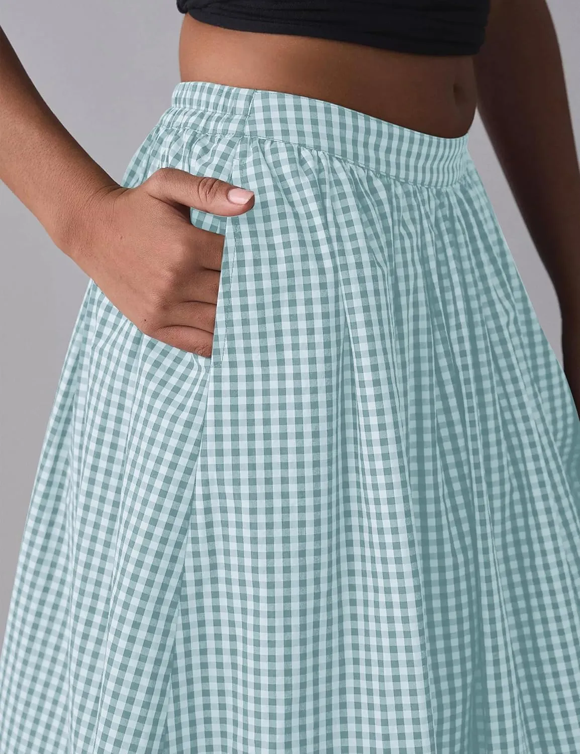 Women's Y2k Bubble Midi Skirt Plaid Elastic High Waist A Line Summer Casual Fairy Ruffle Long Skirt