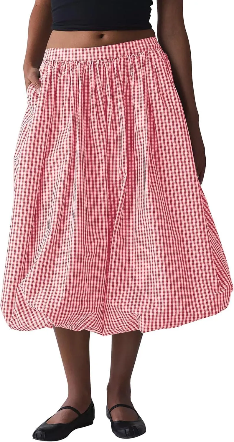 Women's Y2k Bubble Midi Skirt Plaid Elastic High Waist A Line Summer Casual Fairy Ruffle Long Skirt