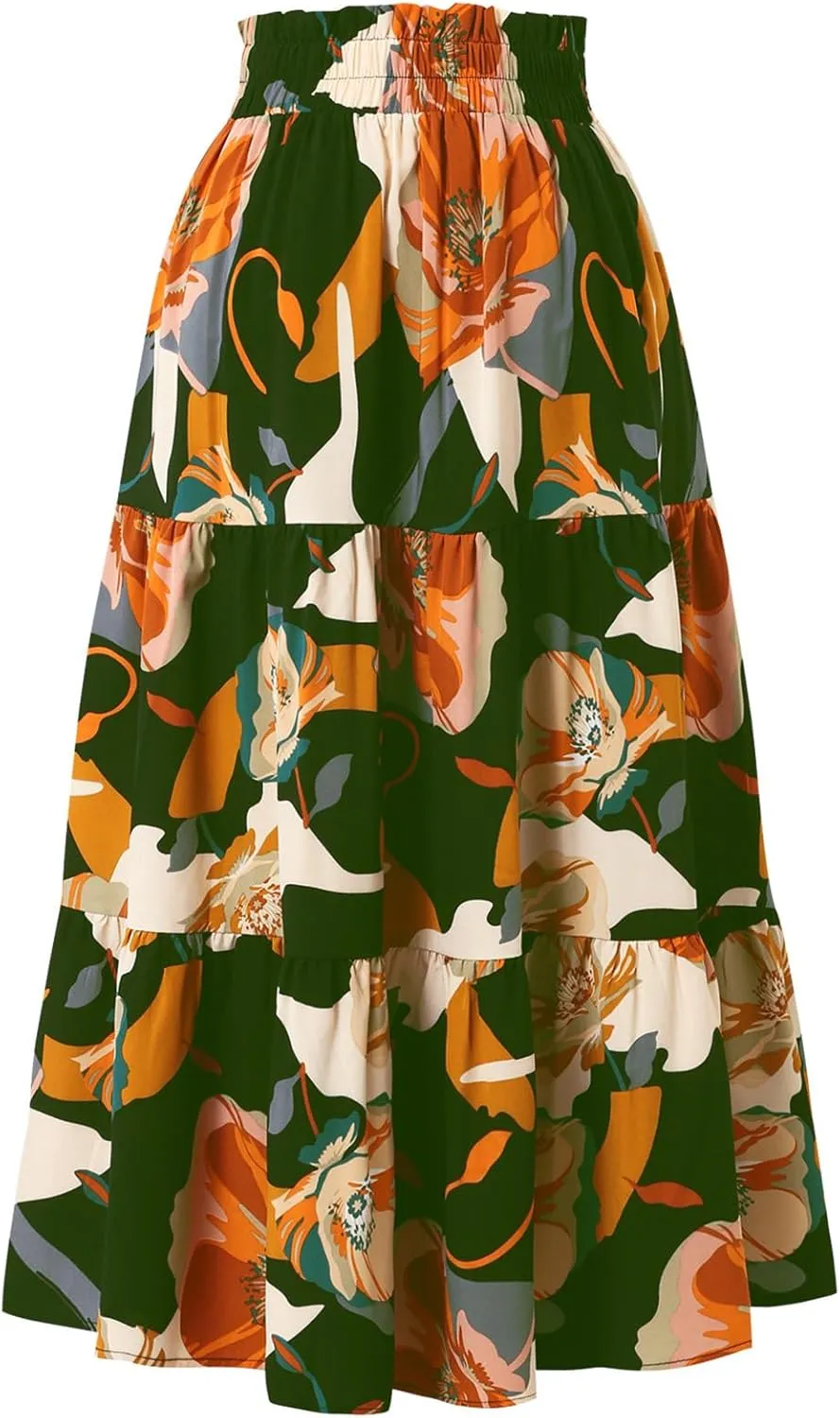 Wuitrie Women Long Skirt Botanical Floral Prints Elastic High Waist Casual Maxi Skirt Vacation Outfits