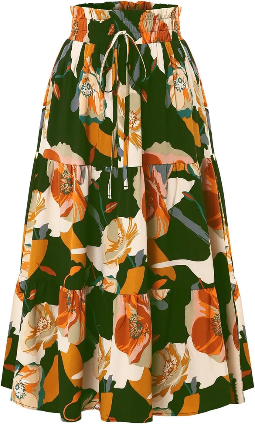 Wuitrie Women Long Skirt Botanical Floral Prints Elastic High Waist Casual Maxi Skirt Vacation Outfits