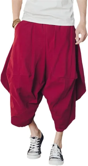 Xingfenly Men Harem Pants Drop Crotch Joggers Solid Casual Trousers Loose Hip Hop Baggy Calf-Length Cotton Wide Leg