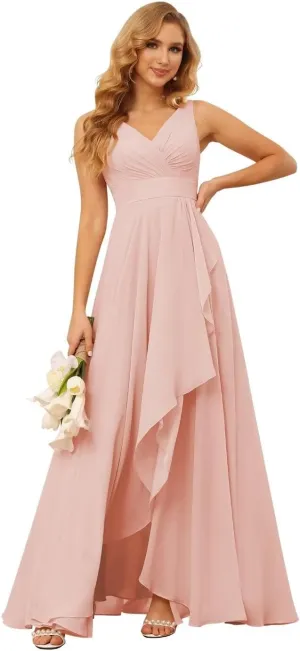 YMSHA V Neck Chiffon Bridesmaid Dresses for Women Side Slit Pleated Formal Evening Dress for Girls YMS134
