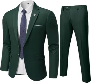 YND Men's Slim Fit 2 Piece Suit, 2 Button Notch Lapel Solid Jacket Pants Set with Tie, Party Wedding Dress Blazer Tux