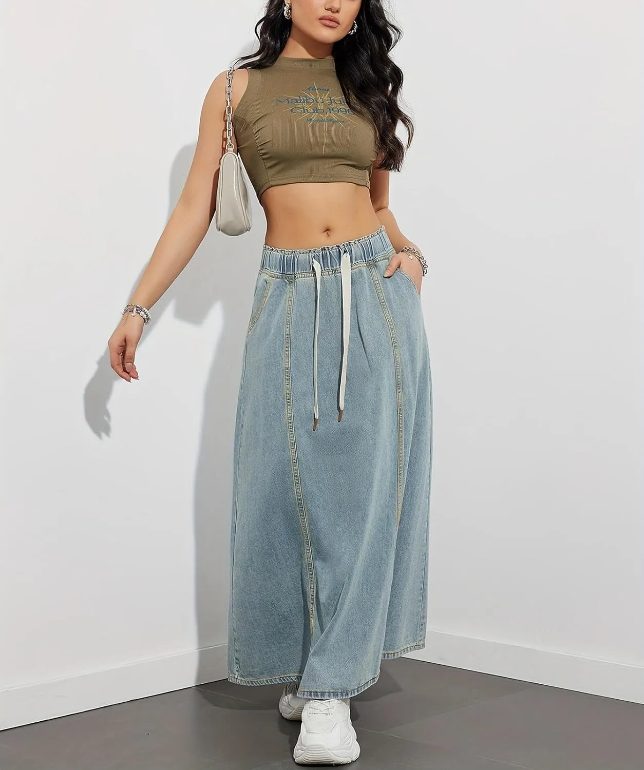 yoeasy Women's Drawstring Elastic High Waist Denim Skirt Casual Flowy Swing A-Line Long Maxi Flare Denim Skirt